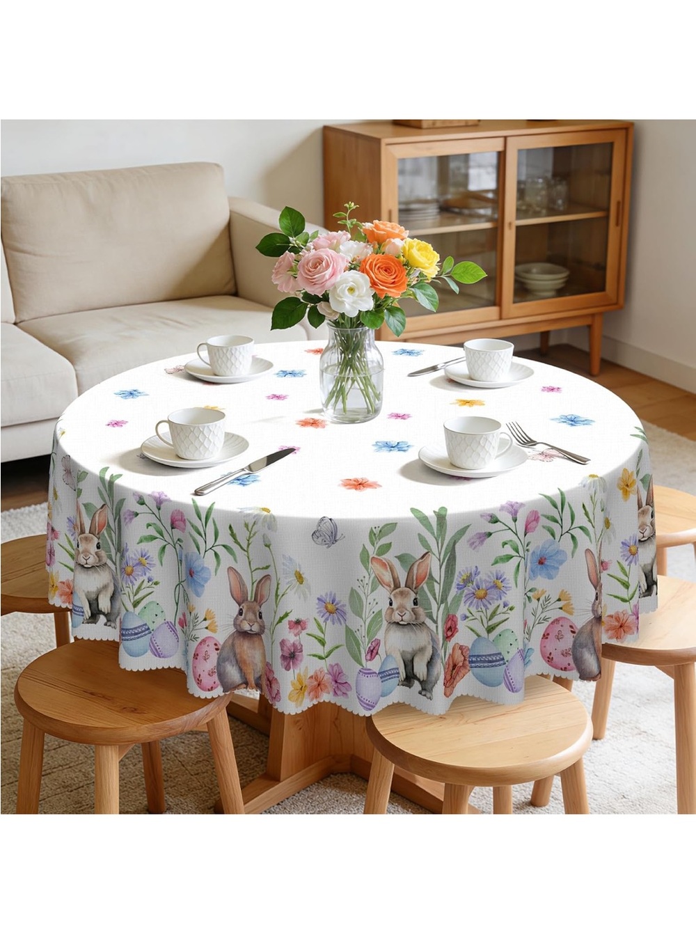 NWOT Round Tablecloth 60In Rabbit Flowers Tablecloth Waterproof and Wrinkle-Free